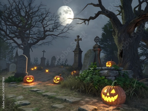 A spooky night Halloween scene with Jack O' Lanterns In a Graveyard.