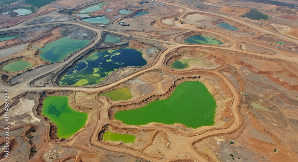 Fototapeta premium Aerial View of Industrial Tailings Ponds Environmental Impact and Resource Extraction