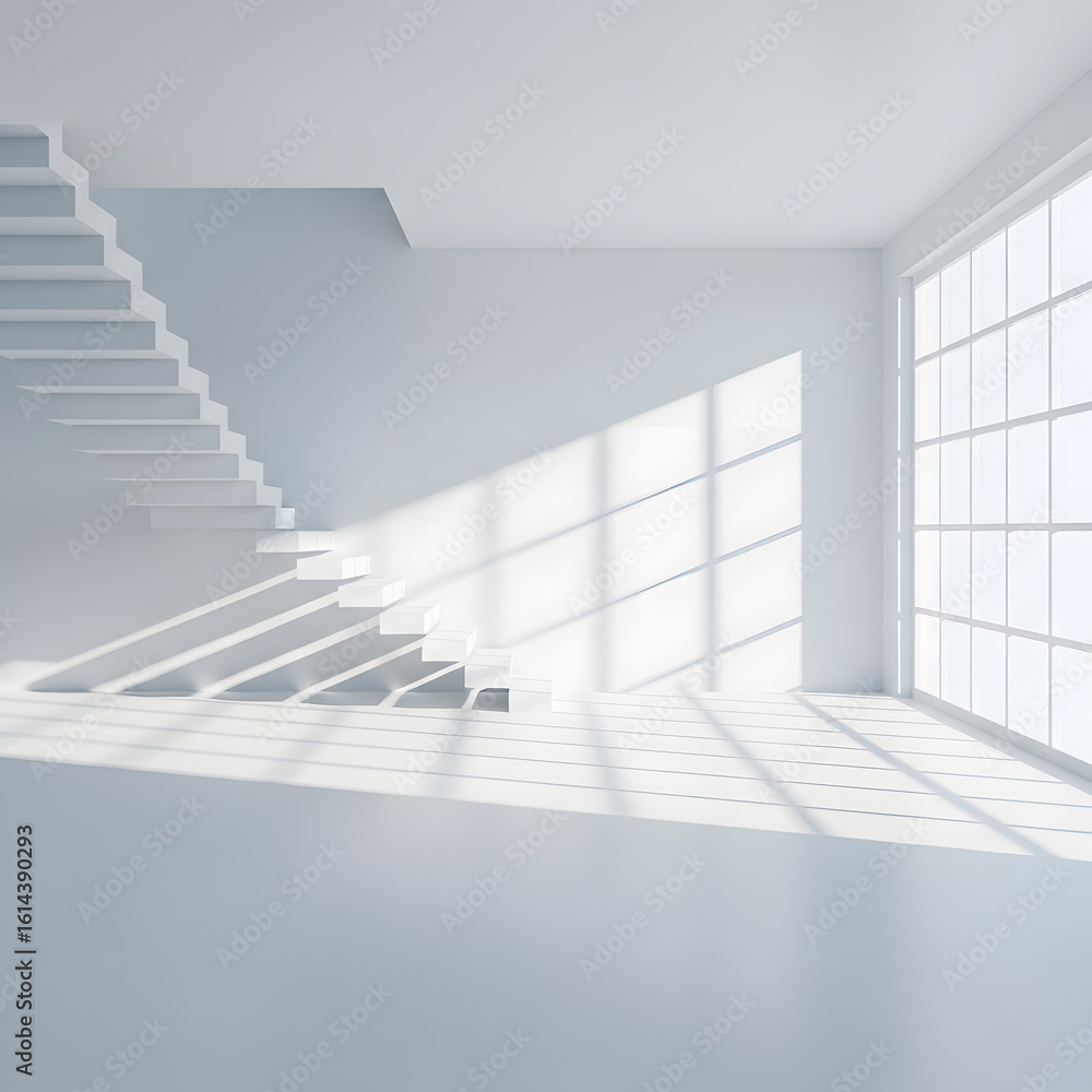 Obraz premium Modern, minimalist interior with white stairs and large window. Sunlight casts shadows