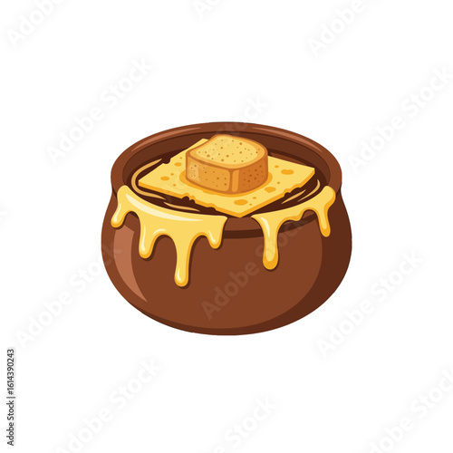 A rustic brown bowl of French onion soup, topped with melted cheese and a crouton.