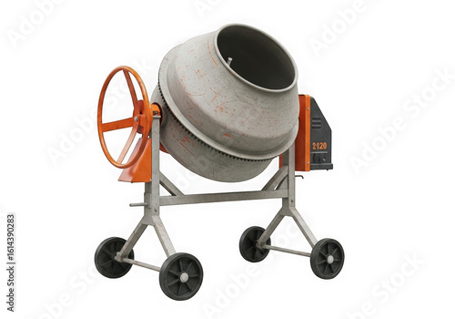 A portable cement mixer with a large drum and orange wheel isolated on white isolated on transparent background