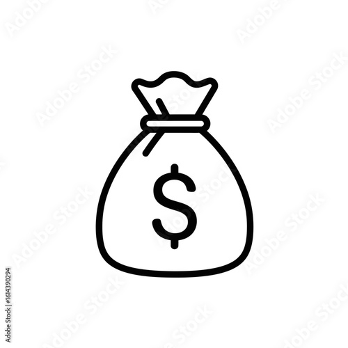 A simple black and white illustration of a money bag with a dollar sign, representing finance, wealth, and financial success in a minimalist design.