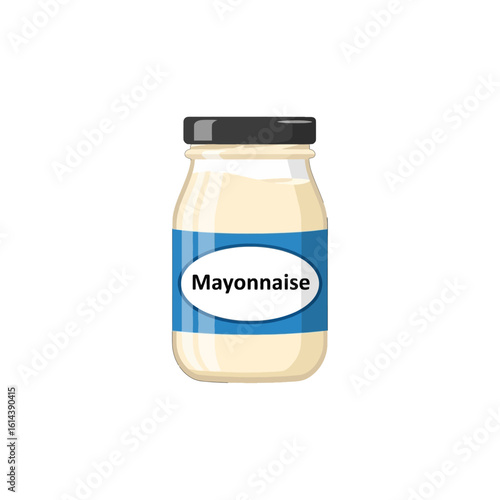 A jar of creamy mayonnaise with a black lid and blue label.