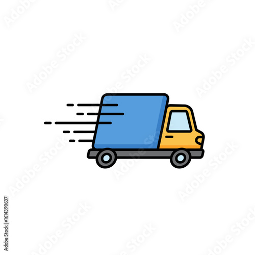 Fast delivery truck icon, speeding blue and yellow commercial vehicle, isolated on white background, representing quick transportation and logistics.