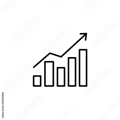 A simple black and white line art icon depicting a bar chart with an upward-pointing arrow, symbolizing business growth and financial success.
