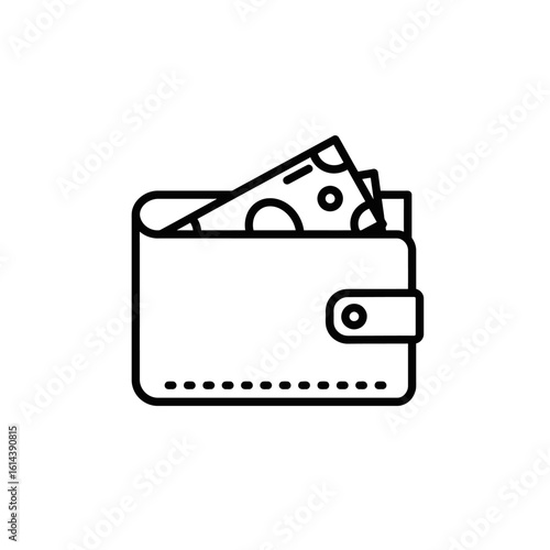 A simple black outline icon depicting a wallet filled with cash, isolated on a clean white background, representing finance and payment.