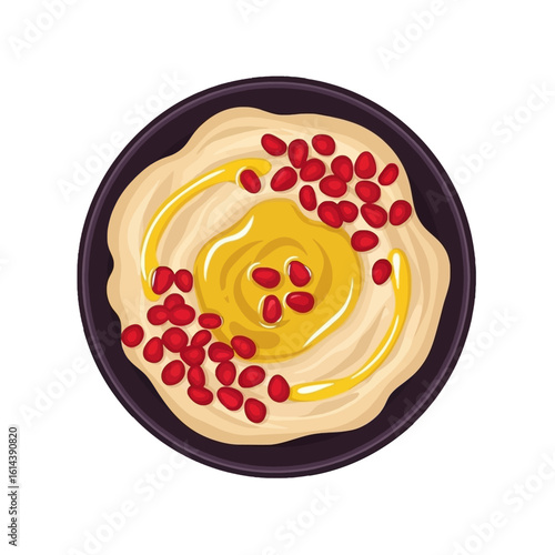 A bowl of creamy hummus topped with pomegranate seeds and olive oil.