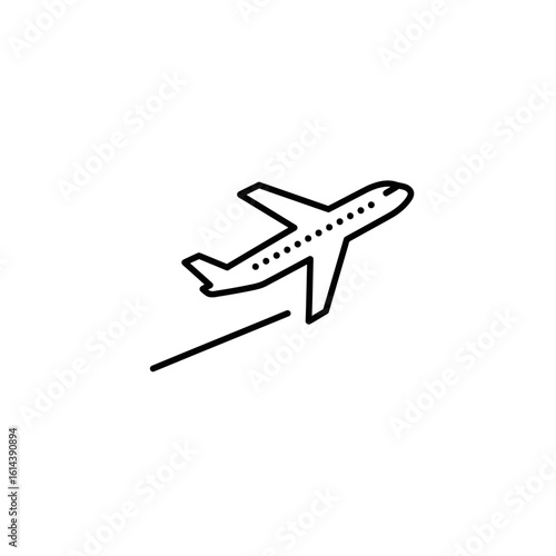 A minimalist line art illustration depicts a passenger airplane taking off, symbolizing travel, aviation, and the concept of flight against a clean white backdrop.