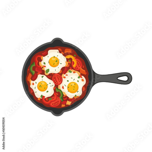Shakshuka, eggs poached in a spicy tomato and pepper sauce, served in a cast iron skillet.