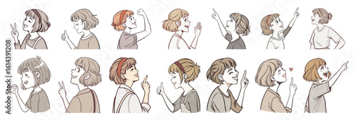 A horizontal set of 14 hand-drawn female profiles with varied hairstyles in soft tones, all gesturing upward or showing approval. Ideal for business, career blogs, websites, or presentations.