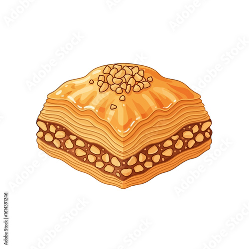 A delectable baklava pastry, layered with phyllo dough, nuts, and a glistening glaze.