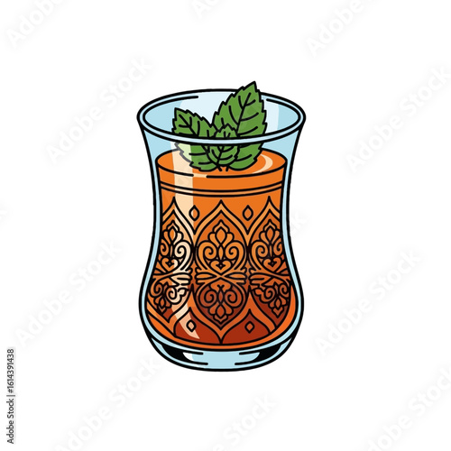 Ornate glass teacup filled with orange liquid and topped with mint leaves.