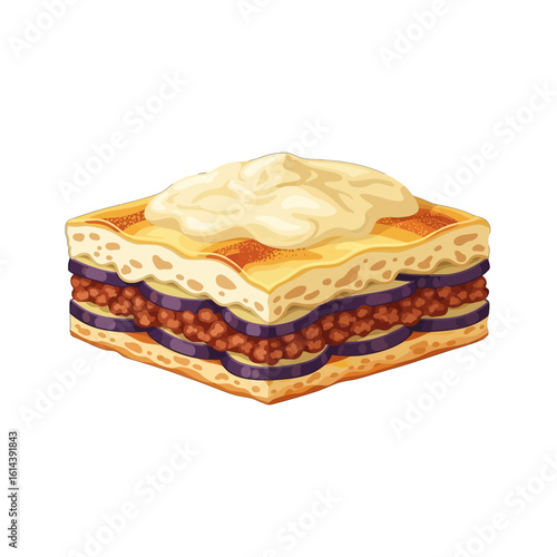 Illustration of a square piece of moussaka, featuring layers of eggplant, meat sauce, and topped with a creamy béchamel sauce.