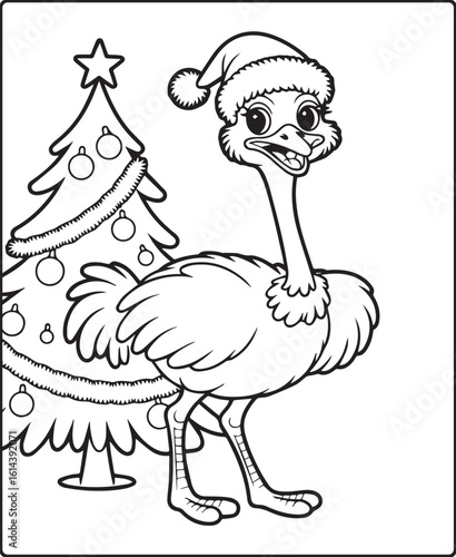 Christmas ostrich with hat standing with christmas tree scene black line art vector for kids coloring pages