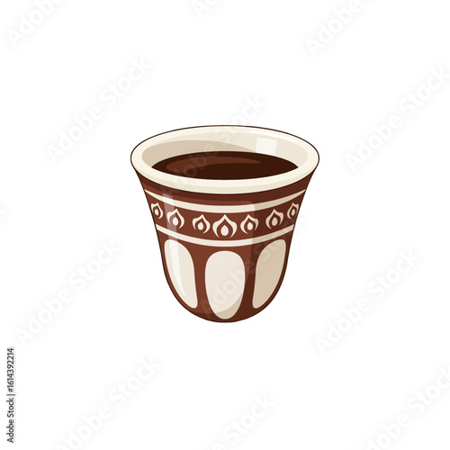 A traditional Arabic coffee cup filled with dark, rich coffee, featuring intricate decorative patterns.