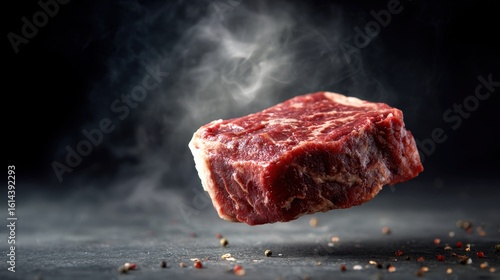 beef steak floating in the air, in front of black background