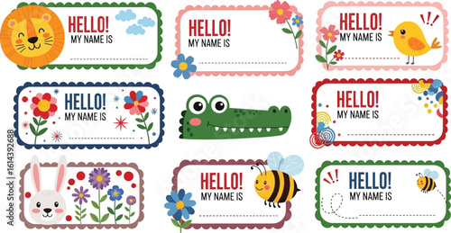 Collection of cute animal themed name tag templates with hello message