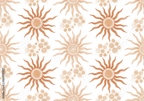 Seamless pattern in Toile de Jouy style featuring linear sun motifs with straight rays and rotated circle patterns, illustrated in fine vintage engraving with golden yellow, coral, beige, and ivory on