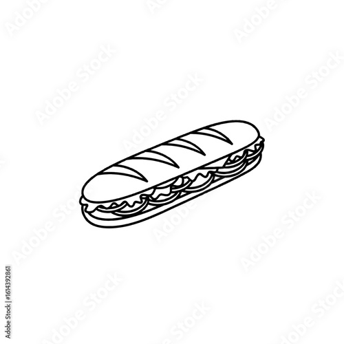 A line drawing of a long sandwich with visible fillings, isolated on a white background.
