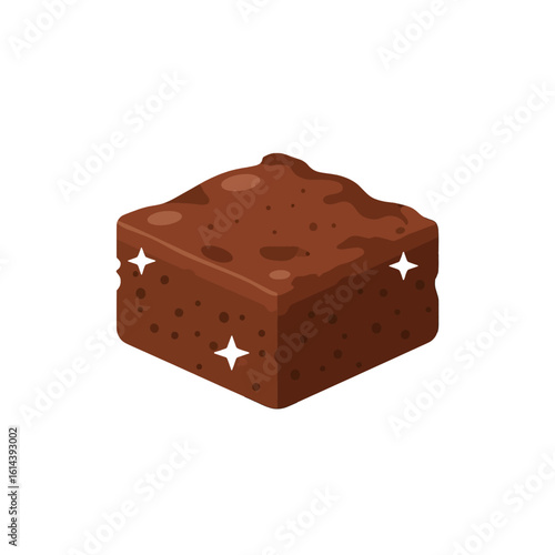 A single, square chocolate brownie with a slightly uneven top and sparkling highlights, isolated on a white background.