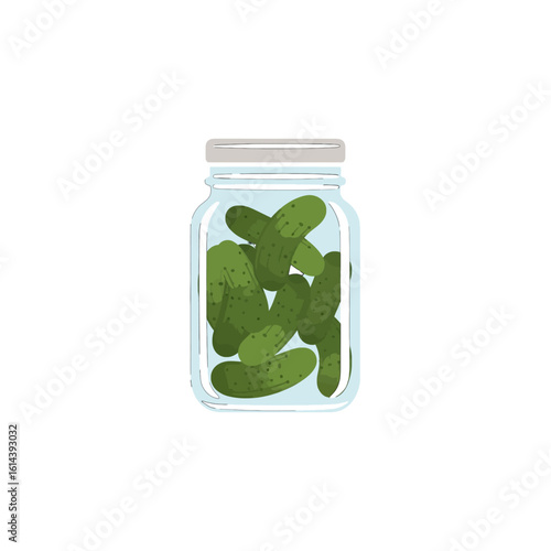 A glass jar filled with preserved green pickles.