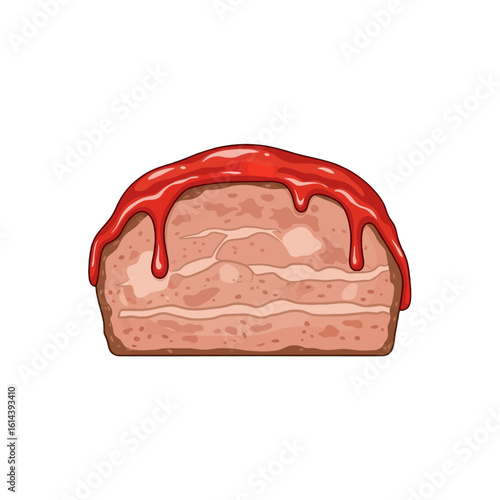 A cartoon slice of meatloaf, topped with dripping red sauce, isolated on white.