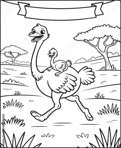 Cute ostrich with baby walking in desert natural scene black line art vector for kids coloring pages