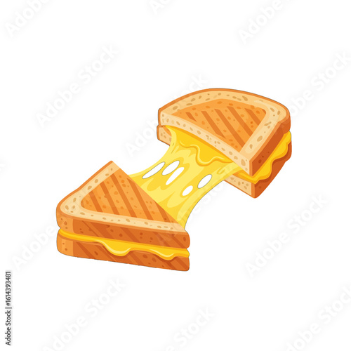 Cartoon illustration of a grilled cheese sandwich being pulled apart, with melted cheese stretching between the slices.
