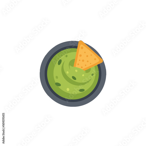 A bowl of guacamole with a tortilla chip.