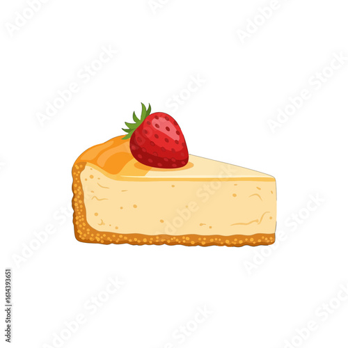 A slice of cheesecake with a fresh strawberry topping, isolated on white.