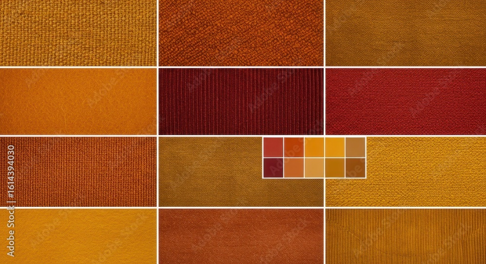Fototapeta premium A collage showcases a spectrum of textured fabrics, each a different shade of orange, red, and yellow, including a swatch palette