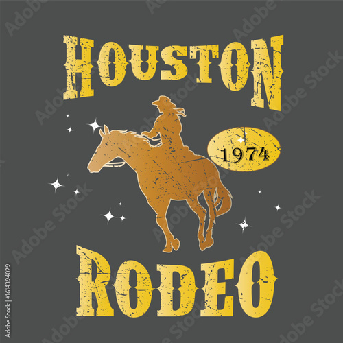 Bold Houston Rodeo design with cowboy on horseback. Great for vintage rodeo posters, western t-shirts, stickers, and apparel showcasing cowboy lifestyle. Houston Rodeo Cowboy Design 