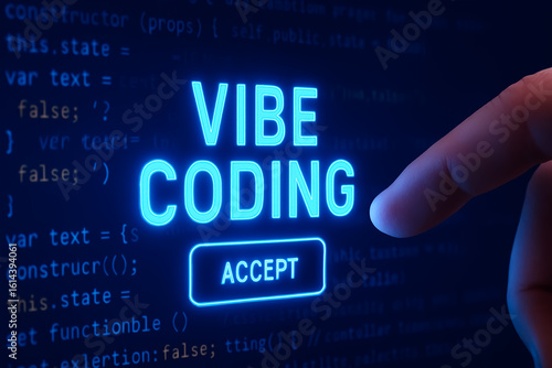 Glowing “ACCEPT” Button with Finger Interaction over JavaScript Background – Stylized Coding Interface with “VIBE CODING” Label and Humor-Infused Nested Logic