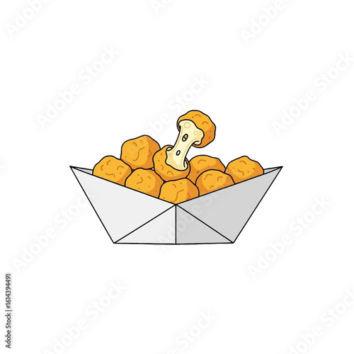 Crispy fried cheese balls served in a folded paper boat.  A stringy cheese pull is visible.