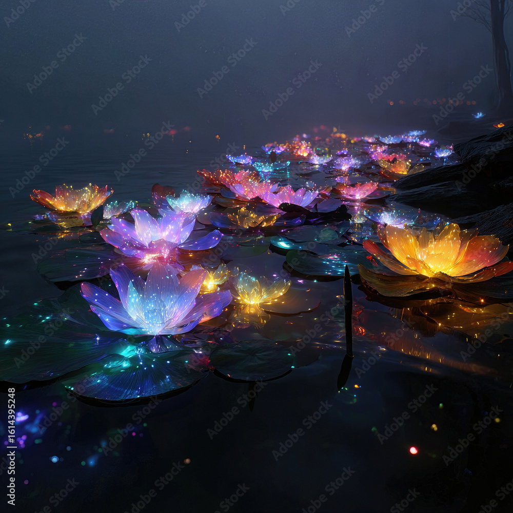 Obraz premium Immerse your designs in a magical festival of lights with these vibrant, glowing lotus flowers in multiple colors, floating on a mystical, dark pond at night. 