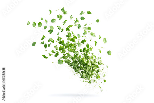 Fresh green leaves and powder exploding dynamically in mid-air, capturing vibrant natural energy for culinary or wellness concepts.