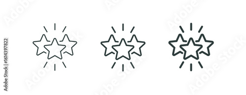 Premium 3 stars, shining excellence award, outline icons. Line signs sparkling three five-pointed stars with rays. Vector isolated pictograms for web and app on white background editable stroke.