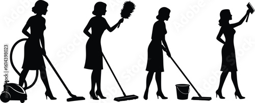 Silhouette of elegant cleaning lady in high heels performing professional tasks, vacuuming, mopping, dusting, cad drawing flat vector illustration