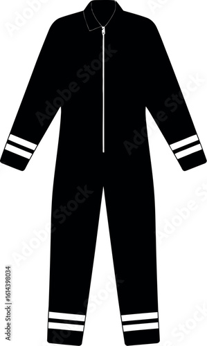 A black jumpsuit with white stripes on the wrists and ankles isolated on a light gray background