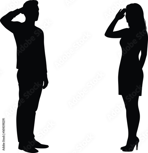 Silhouette of man and woman saluting each other, military gesture, black figures, cad drawing flat vector illustration, white background, respect