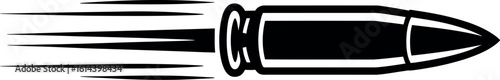 A black and white graphic illustration of a bullet flying through the air with speed lines behind it