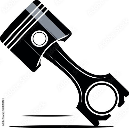 A black and white graphic of a piston with rings and connecting rod on a light gray background stage