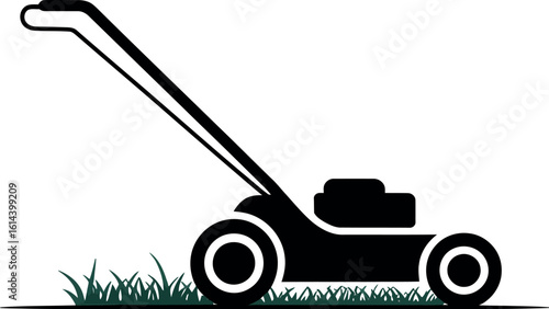 A black silhouette of a lawnmower cutting grass against a light gray background in a simple design