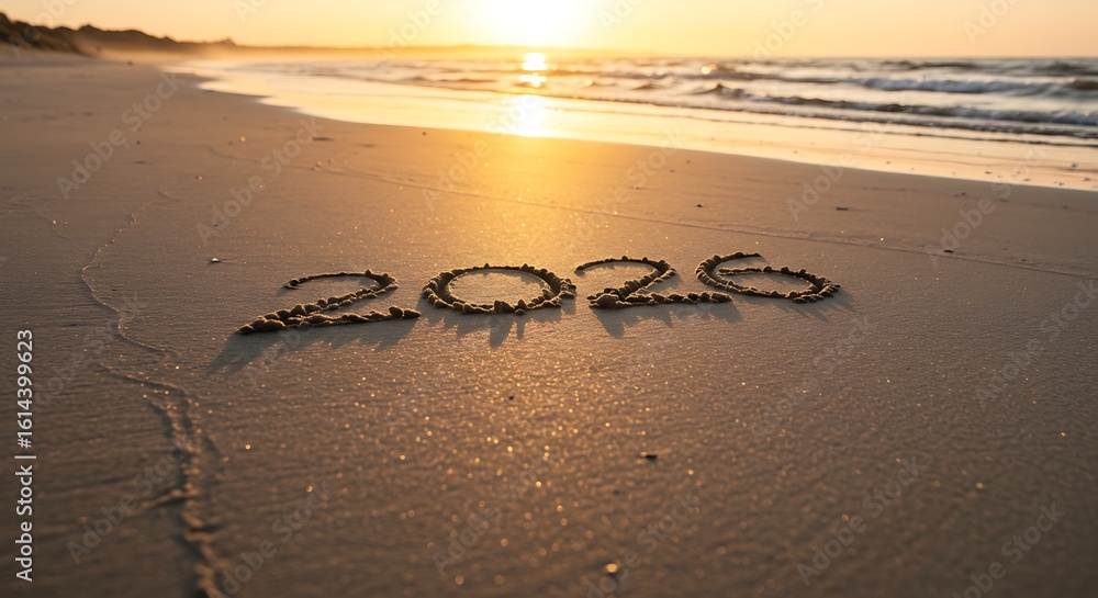 Obraz premium The year 2020 written in the sand on a scenic beach during sunset.
