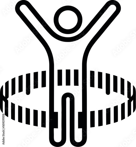 A stick figure with arms raised standing inside a dotted circle on a white and grey background
