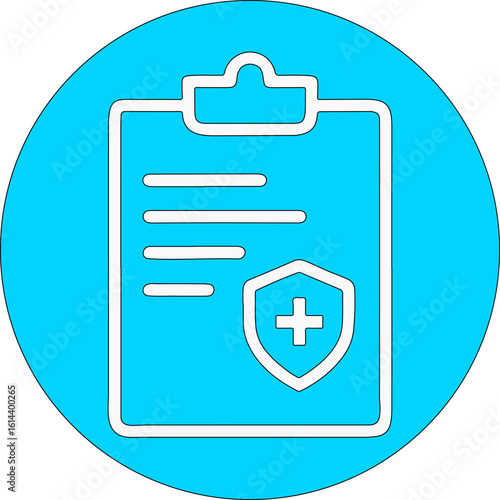 A medical clipboard with a shield icon, representing health insurance or medical records, set against a blue circular background.