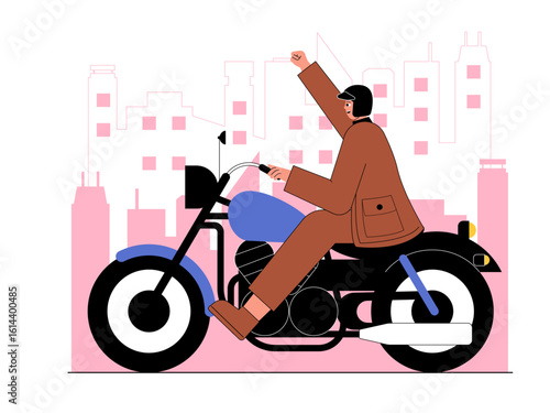 Man exciting road trip on a motorbike to get around the city. Road trip illustration. Flat vector illustration concept.