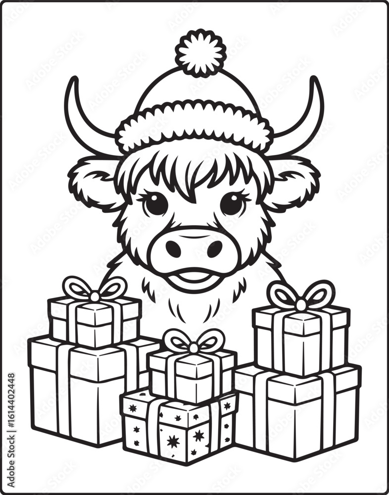 Naklejka premium Beautiful highland cow wearing christmas hat with gift boxes black outline silhouette vector for coloring page or book design kids
