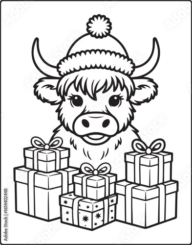 Beautiful highland cow wearing christmas hat with gift boxes black outline silhouette vector for coloring page or book design kids