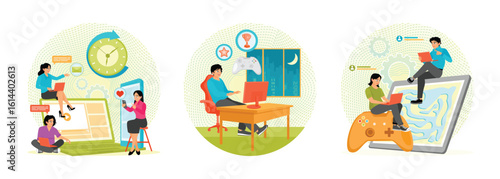 Screen Addiction, Gaming Disorder, Multi-player Online Battle Arena. Digital overload concept.